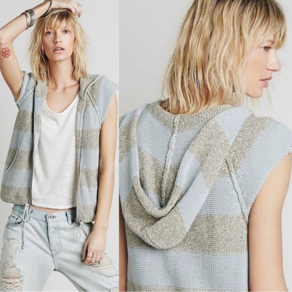 Free People Regatta Striped Knit Hooded Vest, Grey and Tan, Cap Sleeves, size S